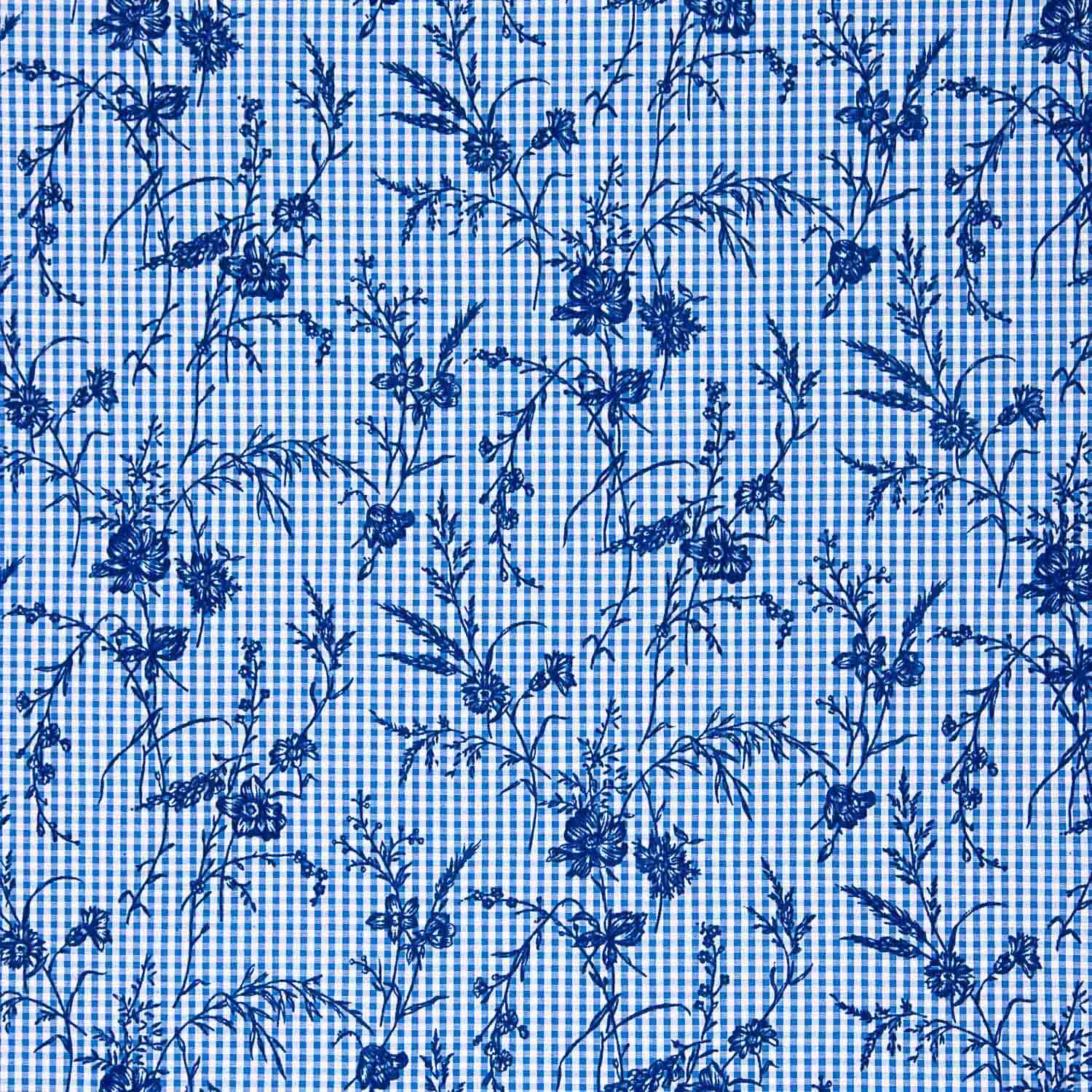Algodão Vichy Azul Flocado Floral Marinho - Ribes y Casals