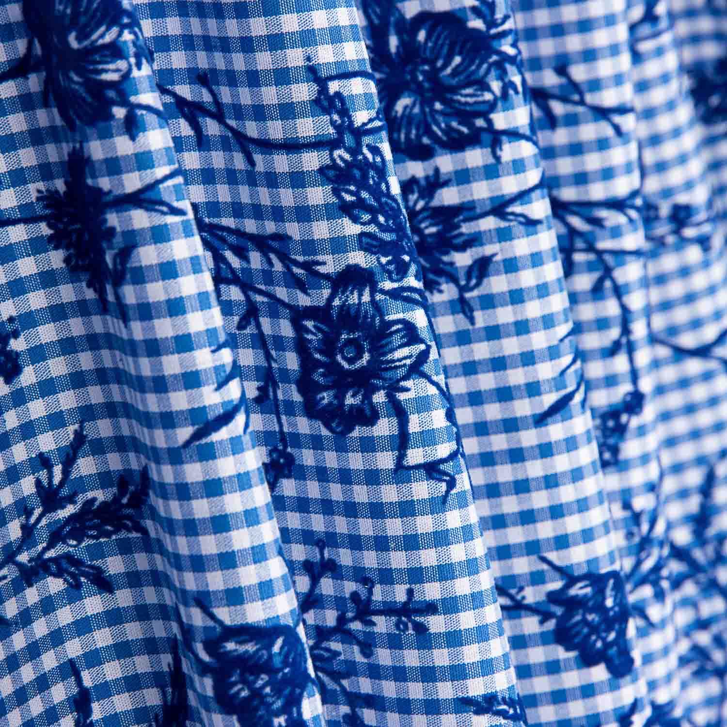 Algodão Vichy Azul Flocado Floral Marinho - Ribes y Casals
