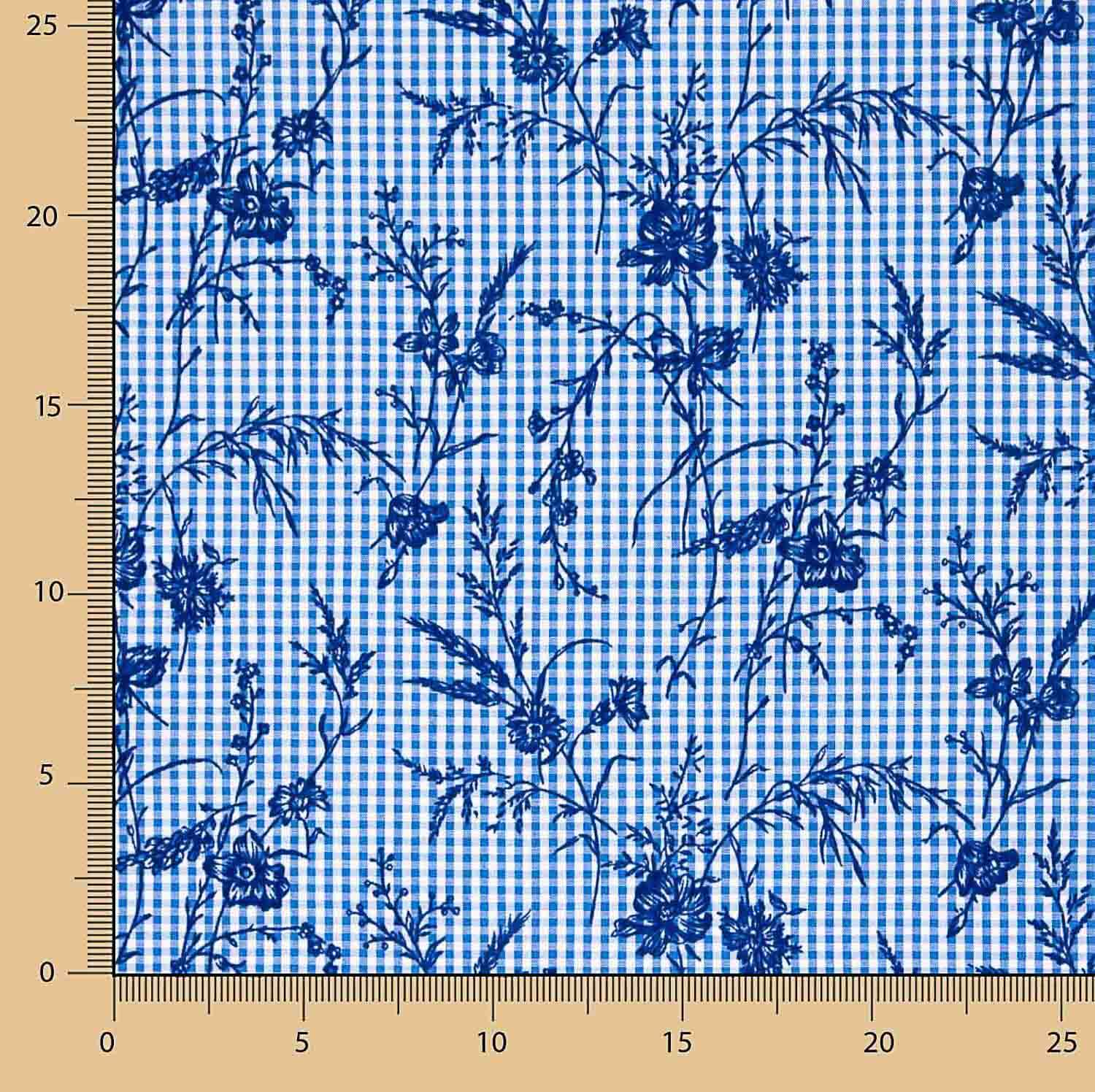 Algodão Vichy Azul Flocado Floral Marinho - Ribes y Casals