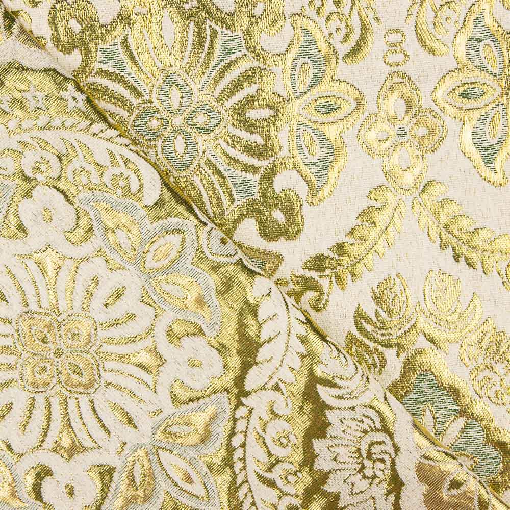 Brocado Lurex Flor Verde Cru Dourado - Ribes y Casals