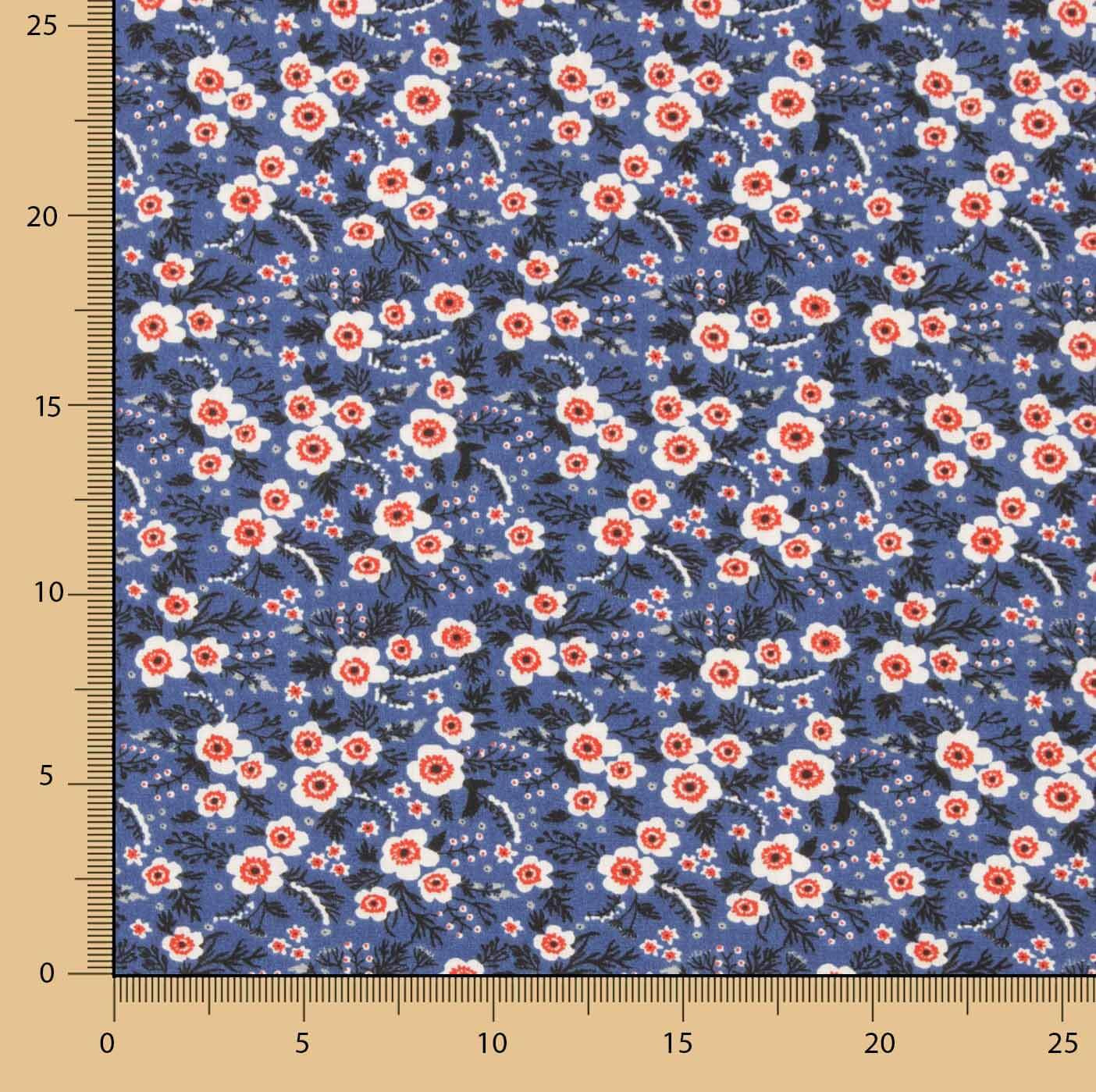 Percal de algodão estampado floral com fundo azul - Ribes y Casals