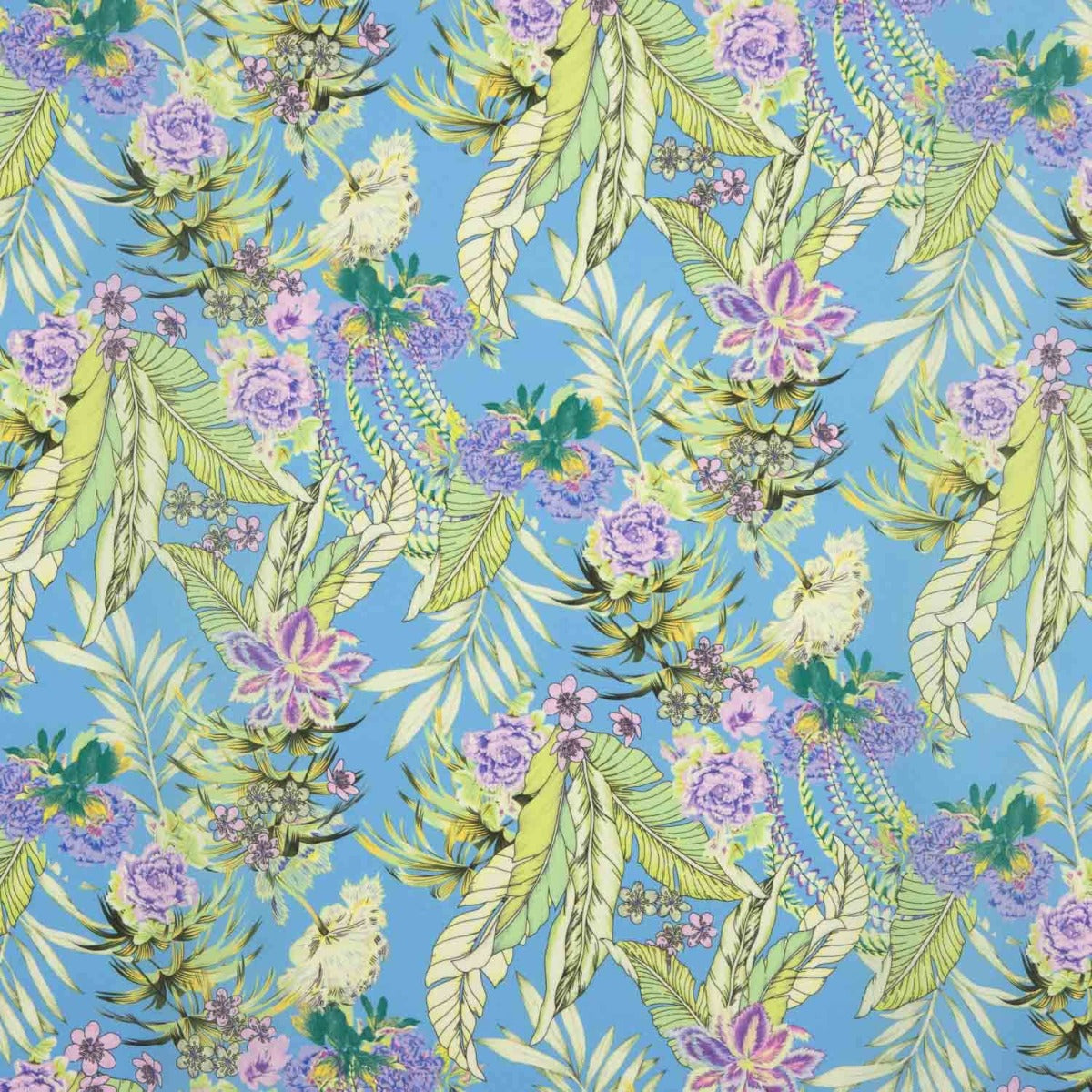 Crepe Leve Estampado Tropical Azul Lavanda - Ribes y Casals