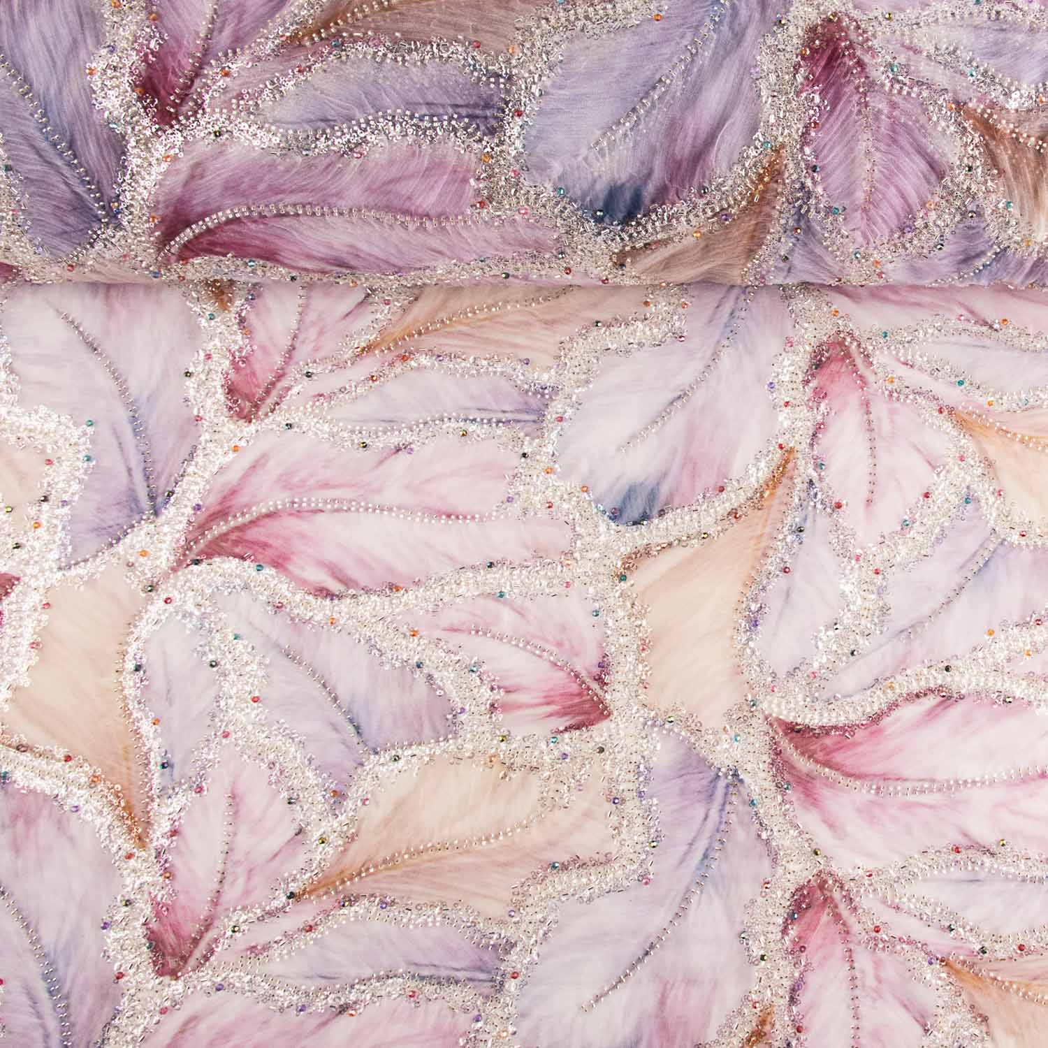 Pedrería Tule Branco Folhas Multicoloridas Elegante - Ribes y Casals