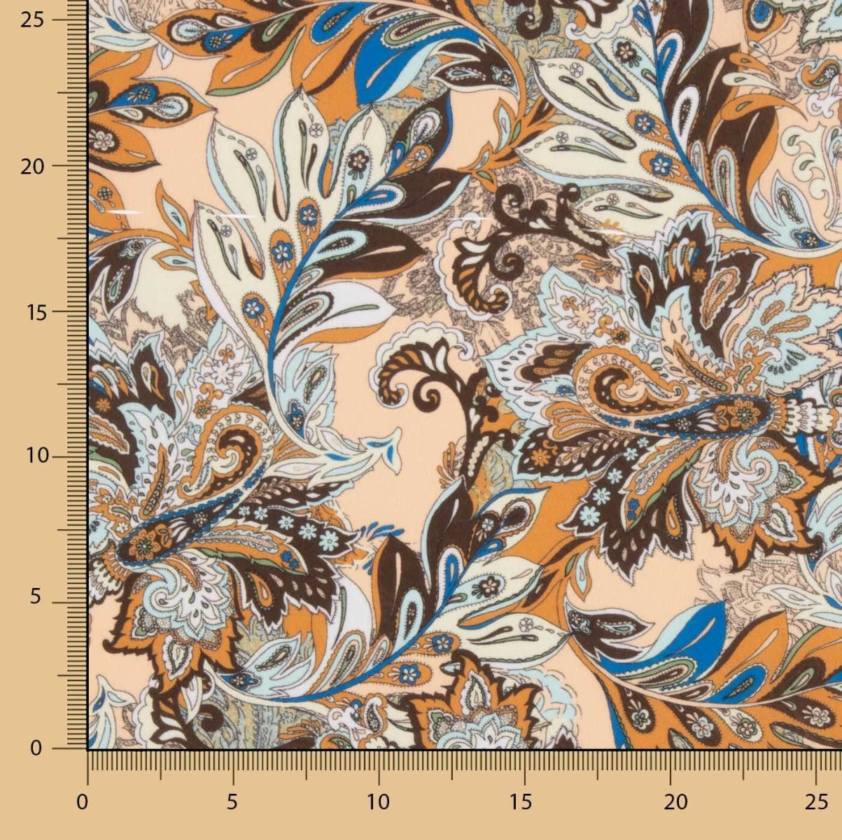 Crepe Leve Estampado Paisley Terracota e Azul - Ribes y Casals