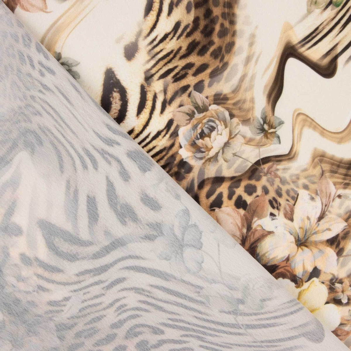 Crepe Leve Estampado Animal Print Floral Bege - Ribes y Casals