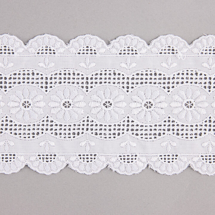 Fita de batista bordada branca, modelo 29098 – 85 mm - Ribes y Casals