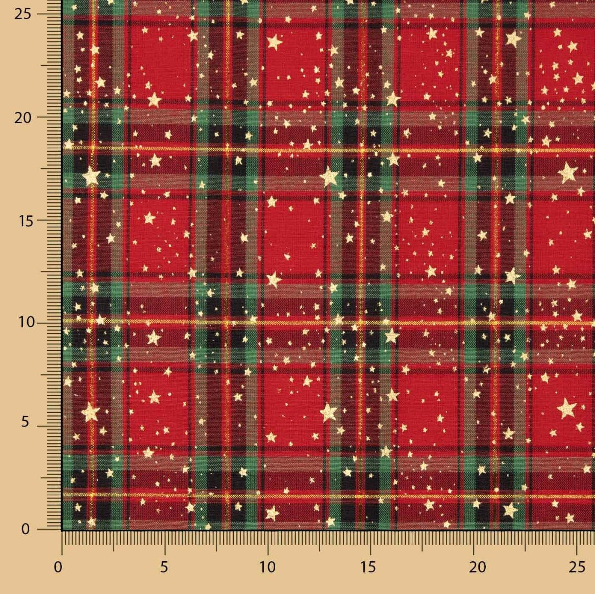 Popeline Natal Tartan Estrelas Douradas - Ribes y Casals