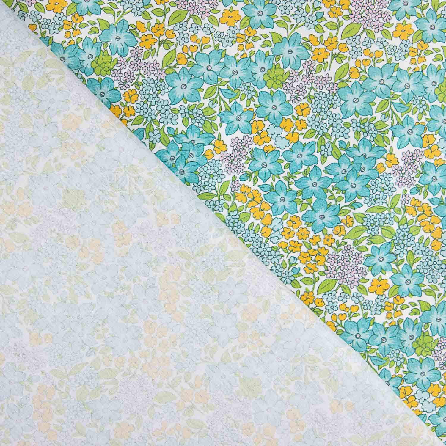 Percal estampado floral verde água e amarelo - Ribes y Casals