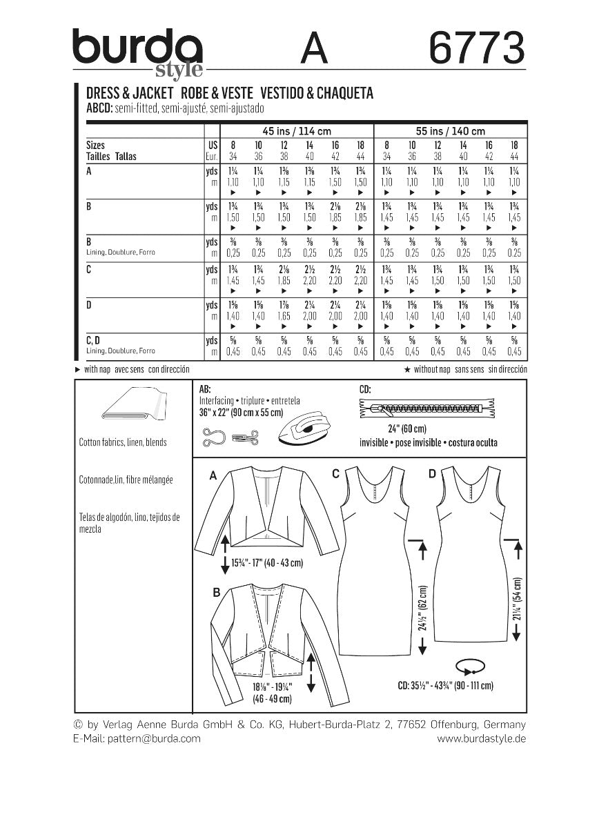 Patrón Burda 6773 Chaqueta y Vestido - Ribes y Casals