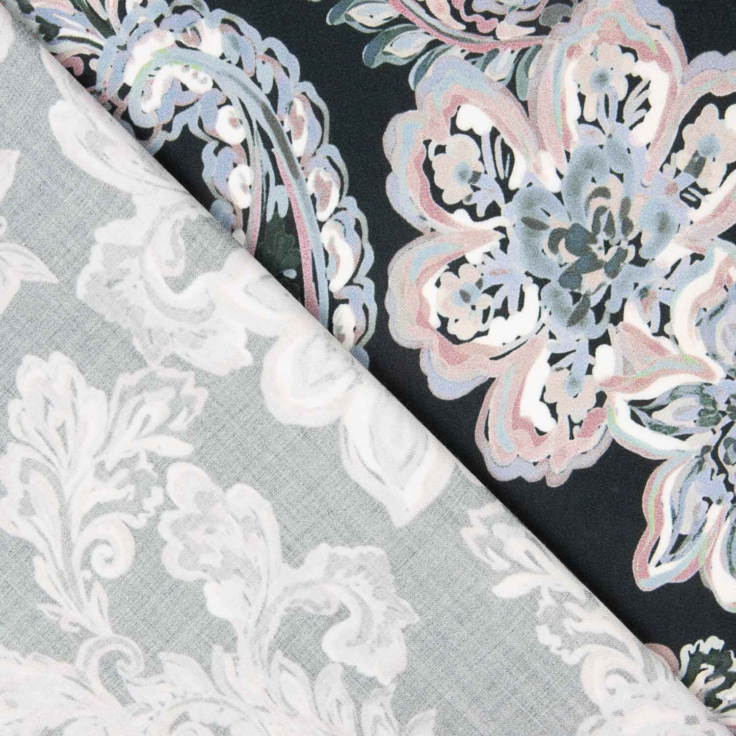 Caxemira de viscose acetinada com padrão floral azul e rosa - Ribes y Casals