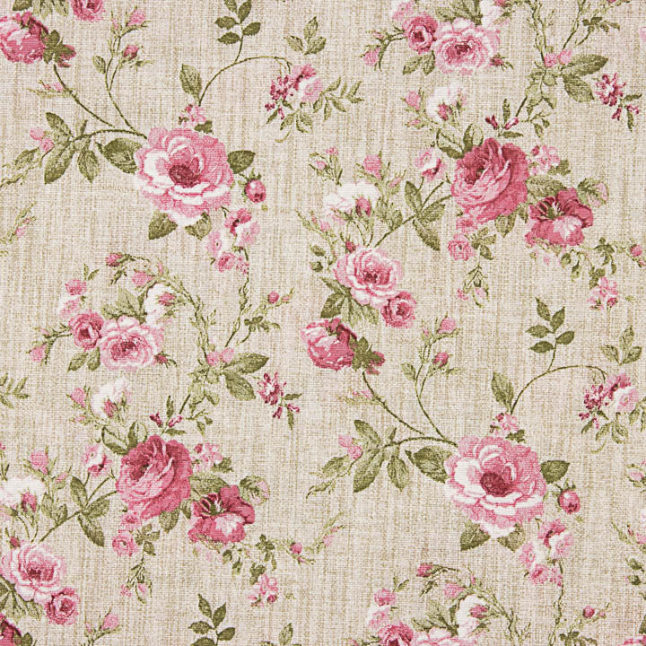 Loneta estampada com rosas, fundo rosa e efeito de tecido de linho - Ribes y Casals