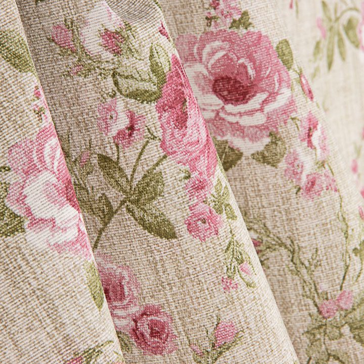 Loneta estampada com rosas, fundo rosa e efeito de tecido de linho - Ribes y Casals
