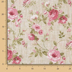 Loneta estampada com rosas, fundo rosa e efeito de tecido de linho - Ribes y Casals