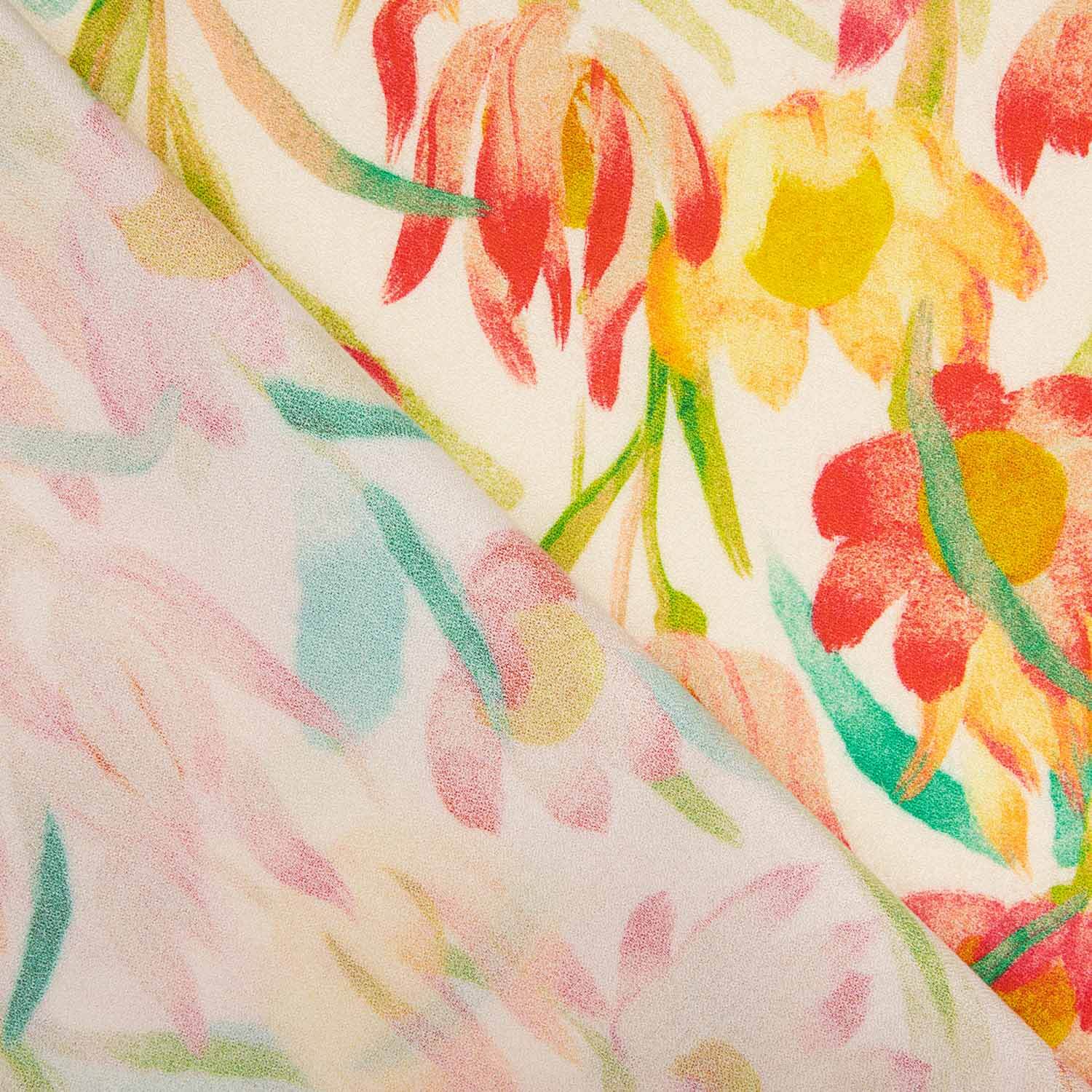 Crepe de viscose estampado com flores em aquarela quente - Ribes y Casals