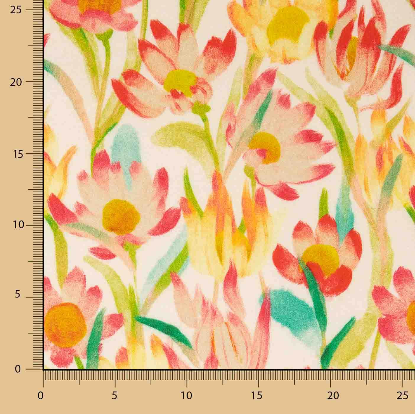 Crepe de viscose estampado com flores em aquarela quente - Ribes y Casals
