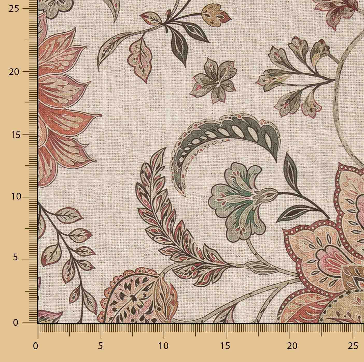 Loneta de Tecido Panamá Estampado Floral em Paisley Rosa Coral - Ribes y Casals
