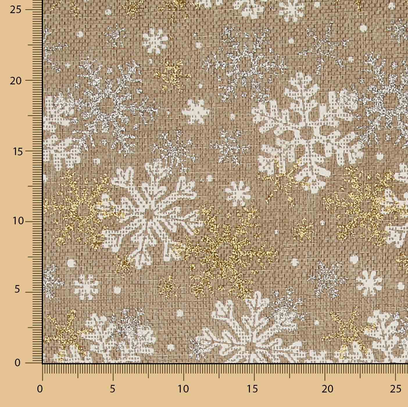 Tecido de Juta Decorativo estampado com estampa de neve dourada - Ribes y Casals