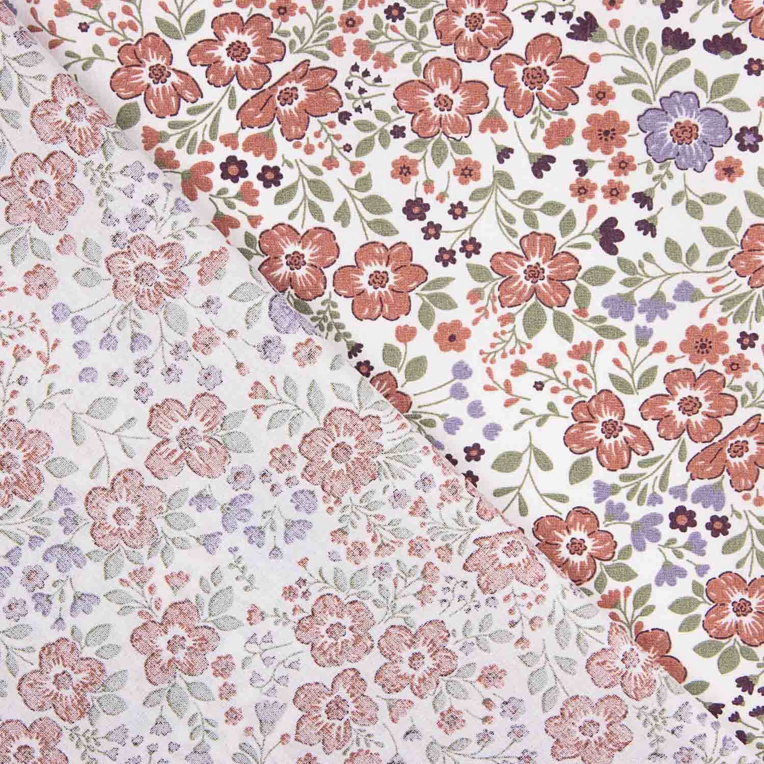 Popeline de algodão estampado com flores lilás e telha - Ribes y Casals