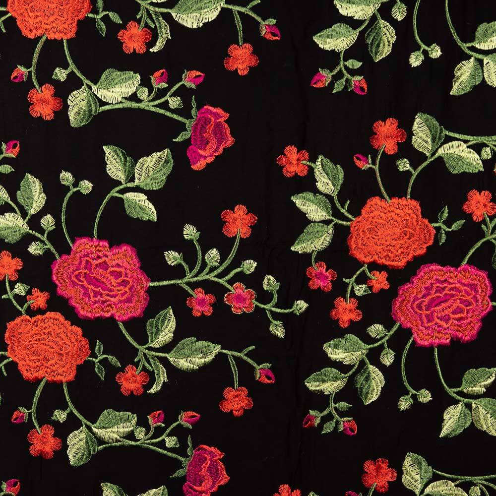 Mantón Bordado Rosa Roja Tencel Negro - Ribes y Casals