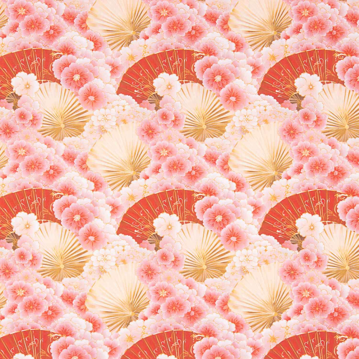 Popeline de algodão estampado com leques e flores rosa - Ribes y Casals