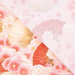 Popeline de algodão estampado com leques e flores rosa - Ribes y Casals