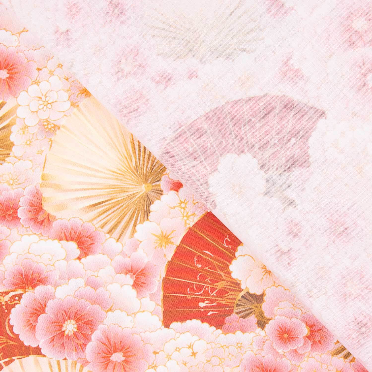 Popeline de algodão estampado com leques e flores rosa - Ribes y Casals