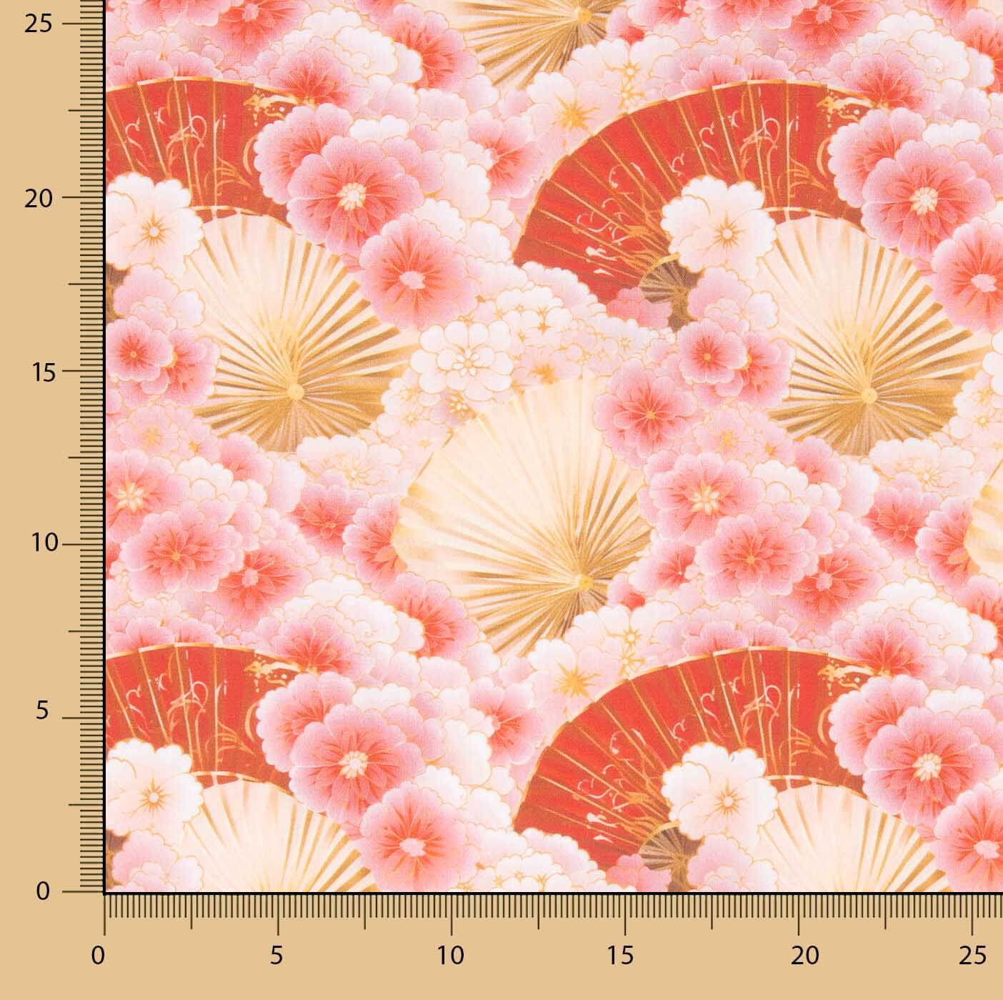 Popeline de algodão estampado com leques e flores rosa - Ribes y Casals