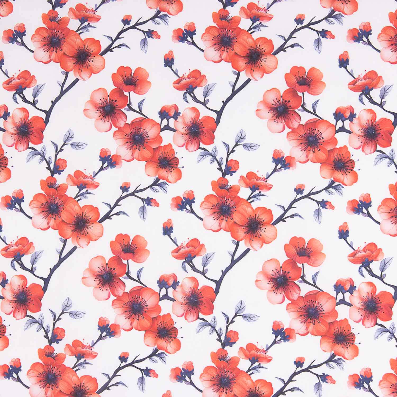 Popeline de algodão estampado com ramos de sakura coral - Ribes y Casals