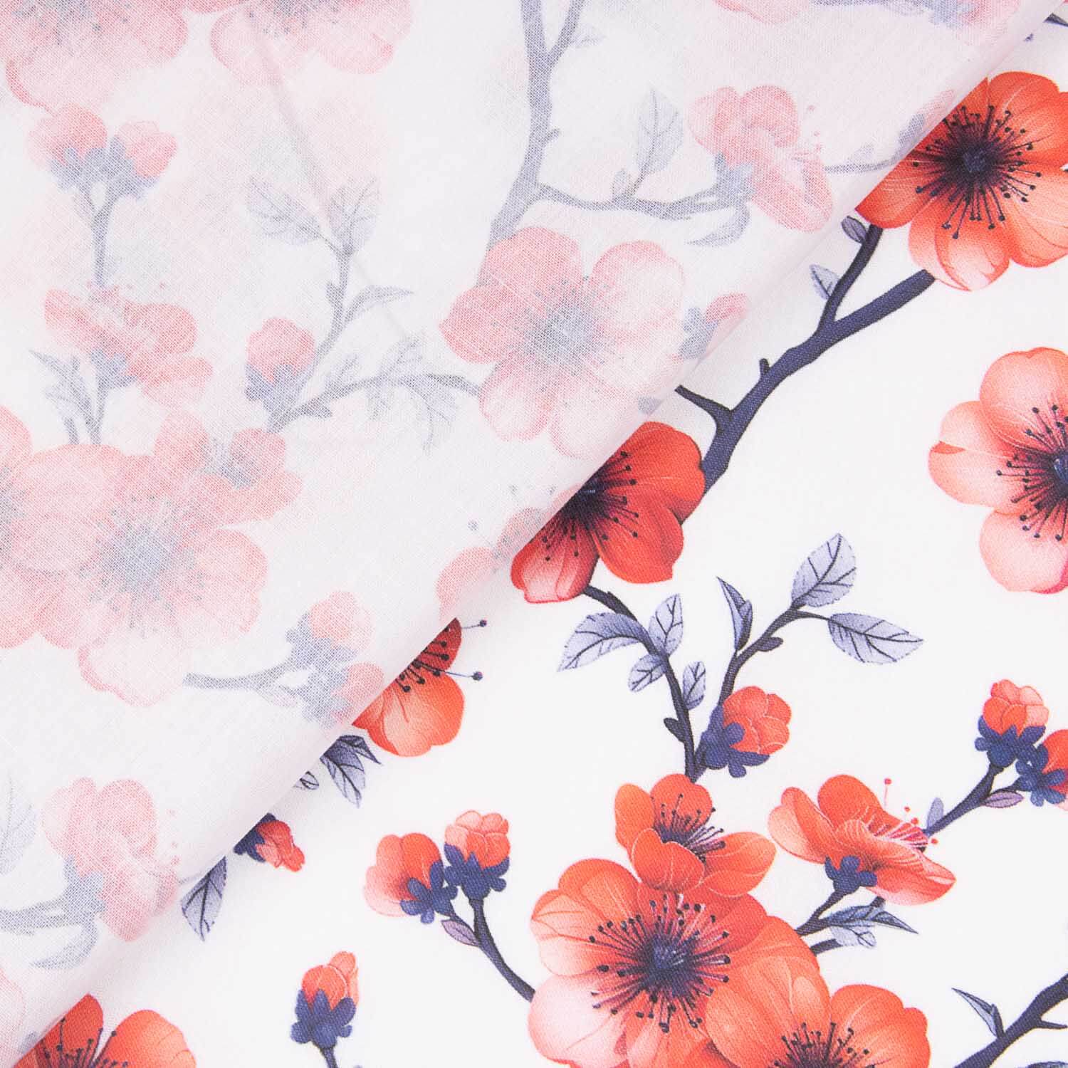 Popeline de algodão estampado com ramos de sakura coral - Ribes y Casals