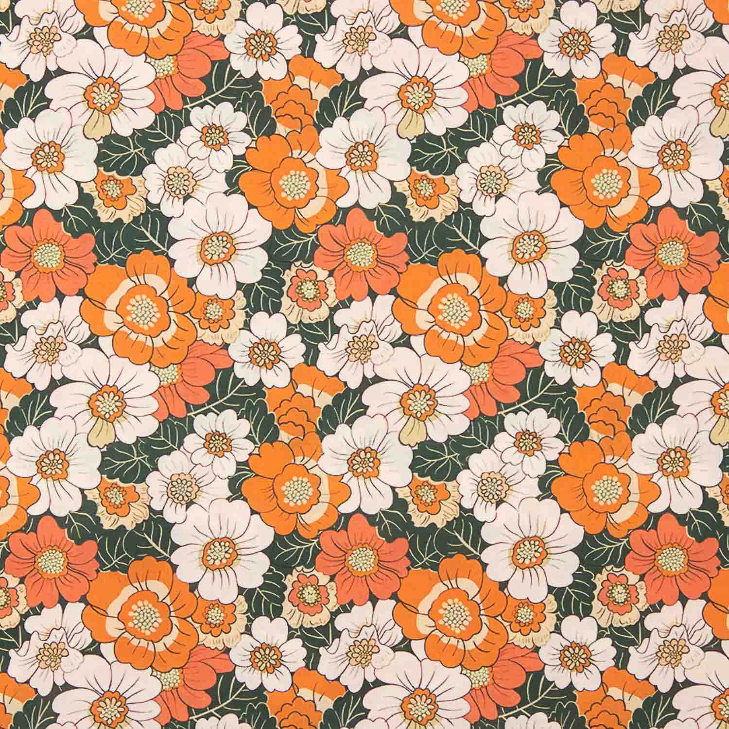 Popeline de algodão estampado com flores retro laranja - Ribes y Casals