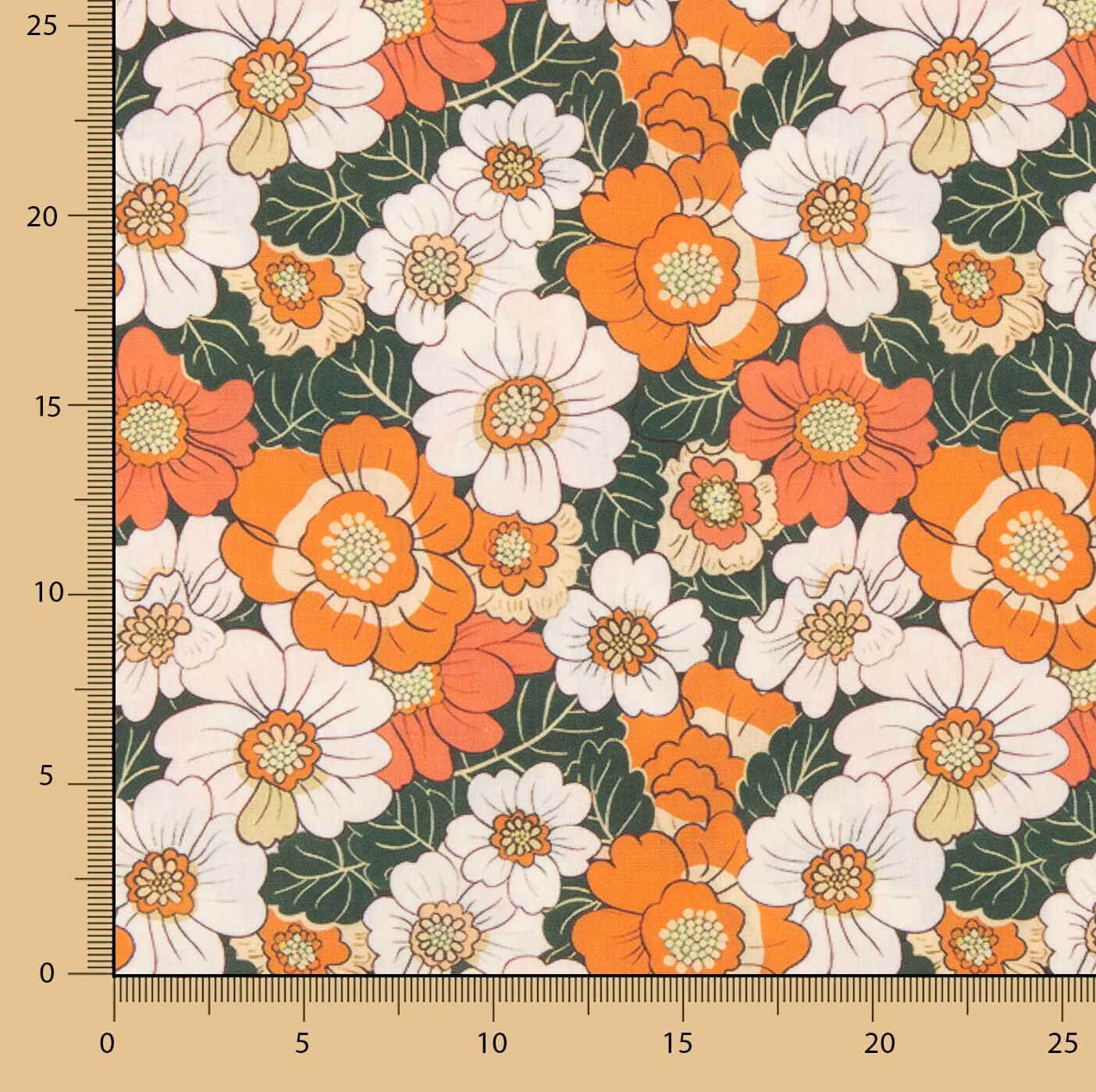 Popeline de algodão estampado com flores retro laranja - Ribes y Casals