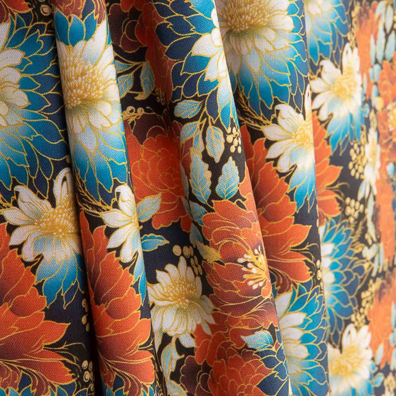 Popeline de algodão estampado com flores orientais - Ribes y Casals