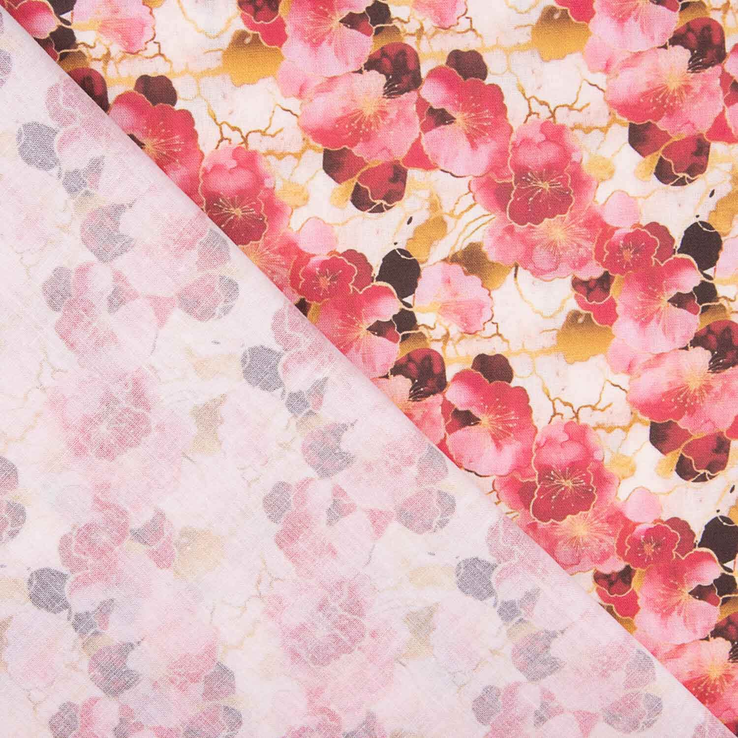 Popeline de algodão estampado com flores aquarela rosa - Ribes y Casals