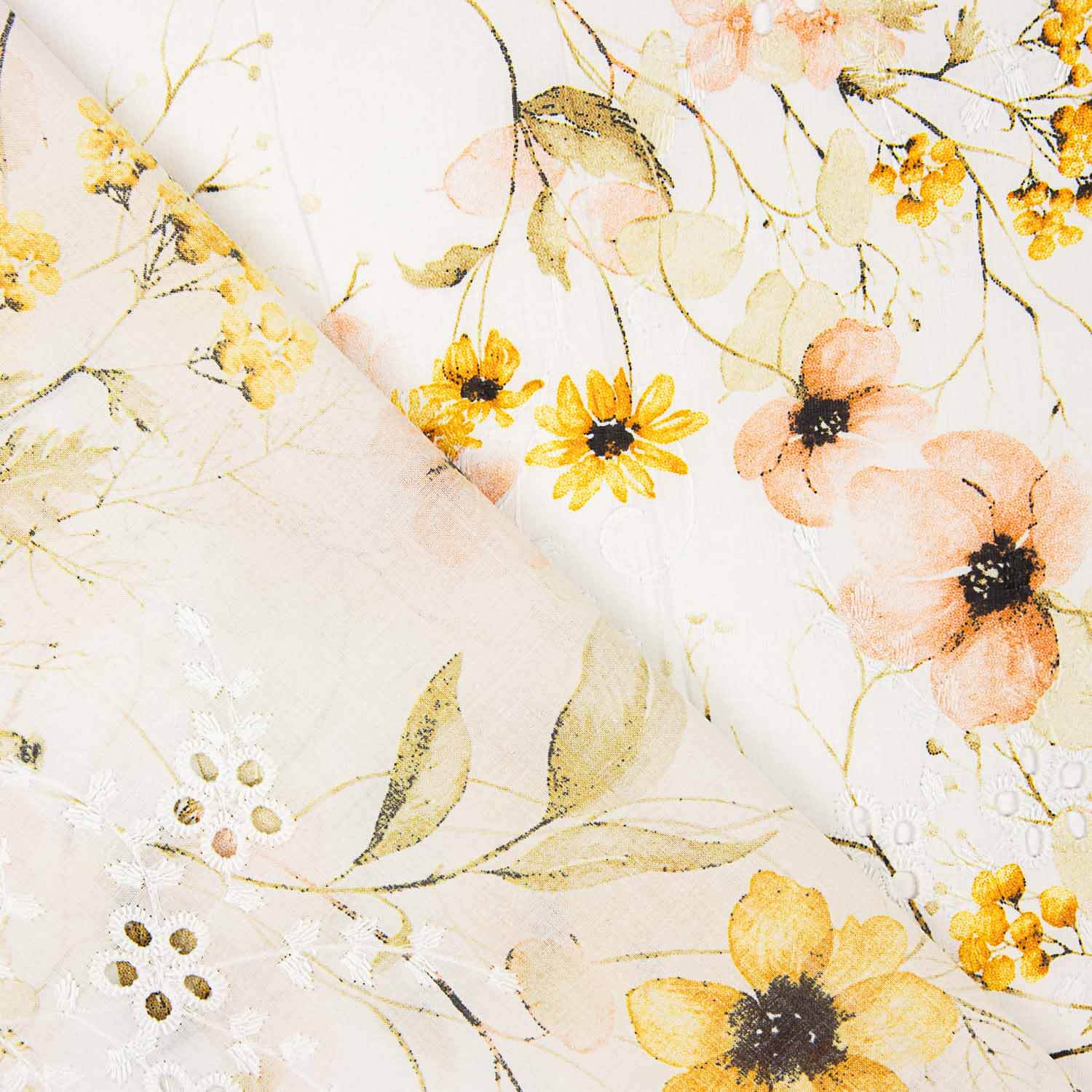 Algodão Bordado e Estampado Digital Floral Amarelo - Ribes y Casals