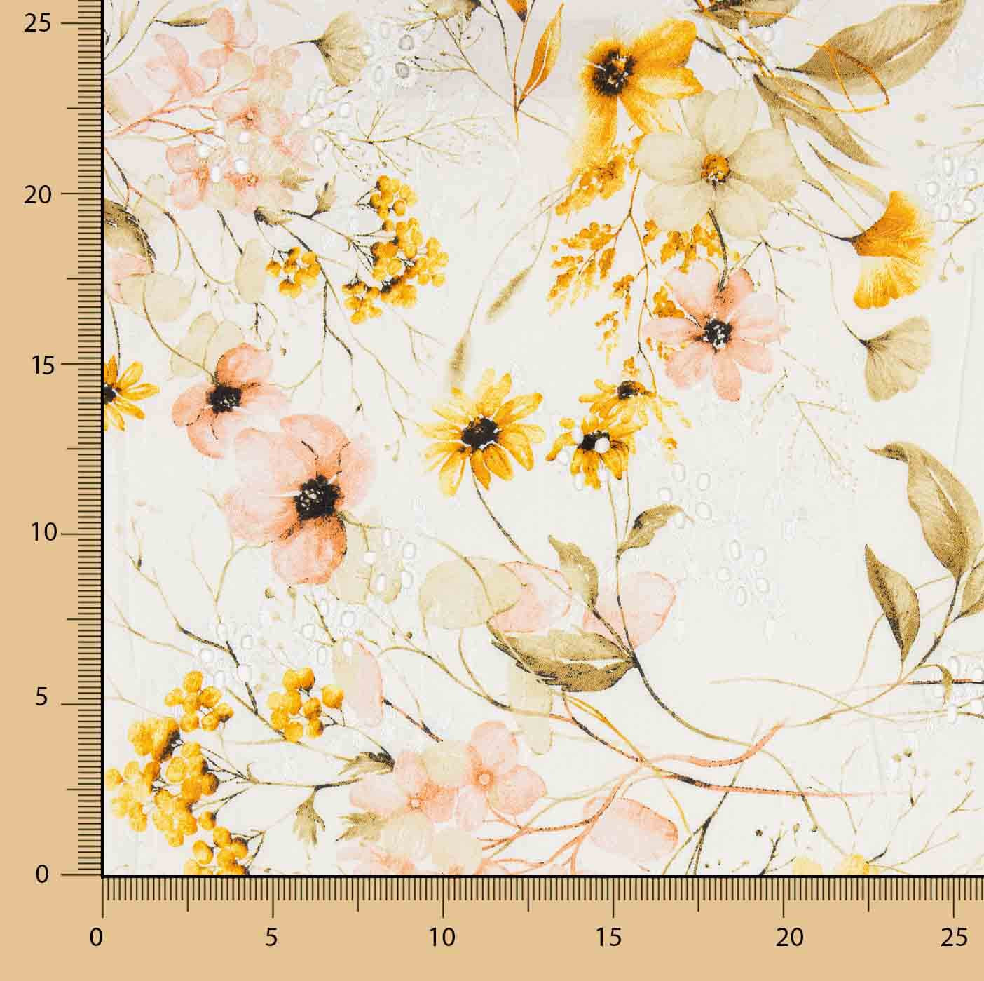 Algodão Bordado e Estampado Digital Floral Amarelo - Ribes y Casals