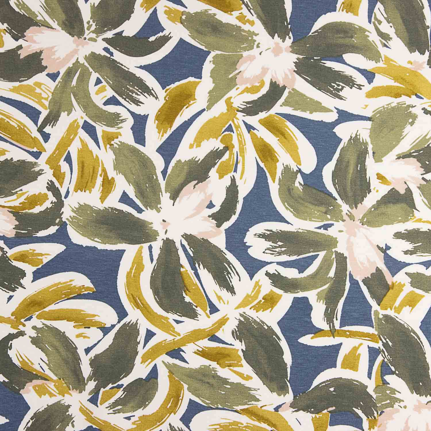 Malha de viscose estampada com motivos florais em azul e mostarda - Ribes y Casals