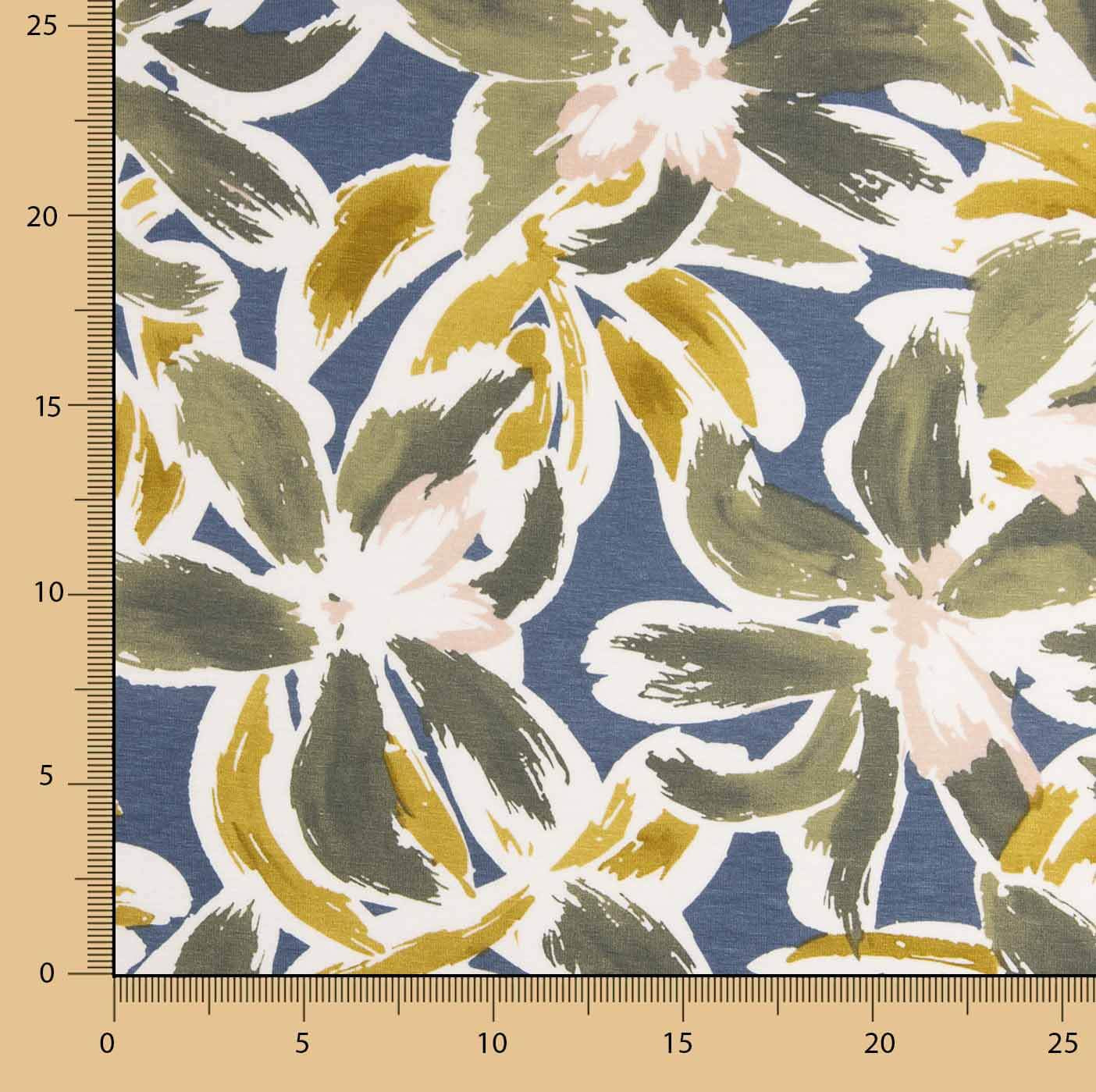 Malha de viscose estampada com motivos florais em azul e mostarda - Ribes y Casals