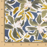 Malha de viscose estampada com motivos florais em azul e mostarda - Ribes y Casals