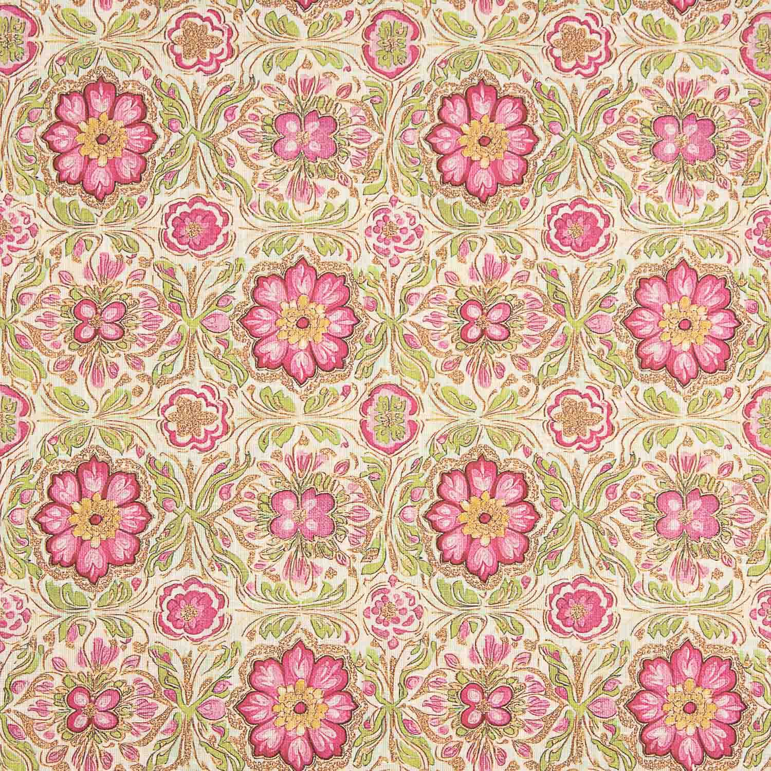 Lona de algodão com flores rosas e fundo verde - Ribes y Casals