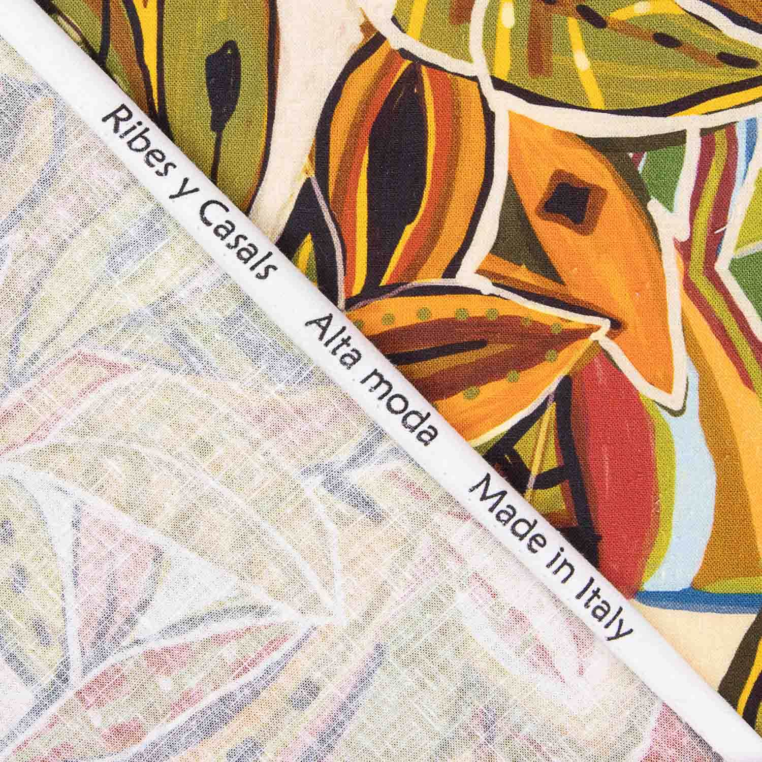 Linho e Algodão Estampado com Folhas Abstratas Basileia - Ribes y Casals
