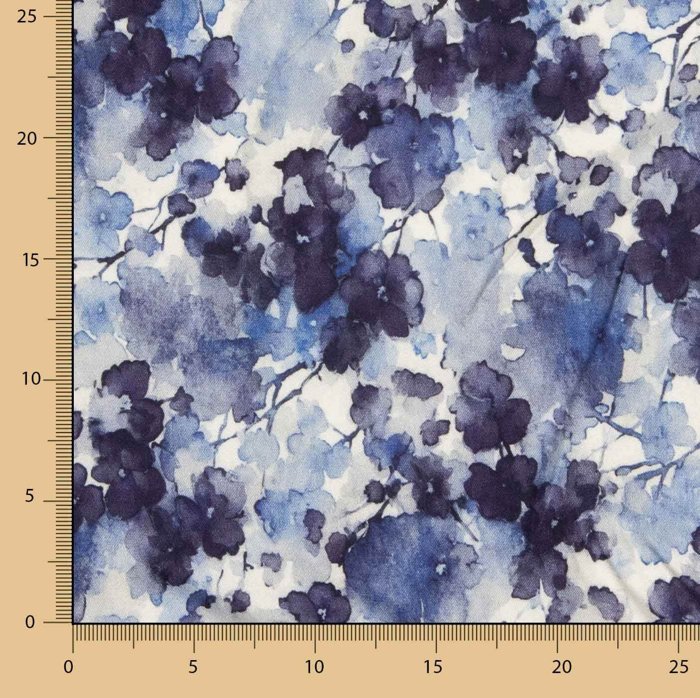 Tecido de viscose elástico com motivo floral em aguarela azul - Ribes y Casals
