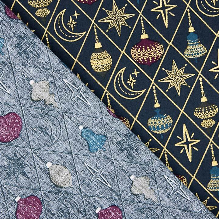 Popelina de Natal com Bolas e Estrelas em Azul-marinho - Ribes y Casals