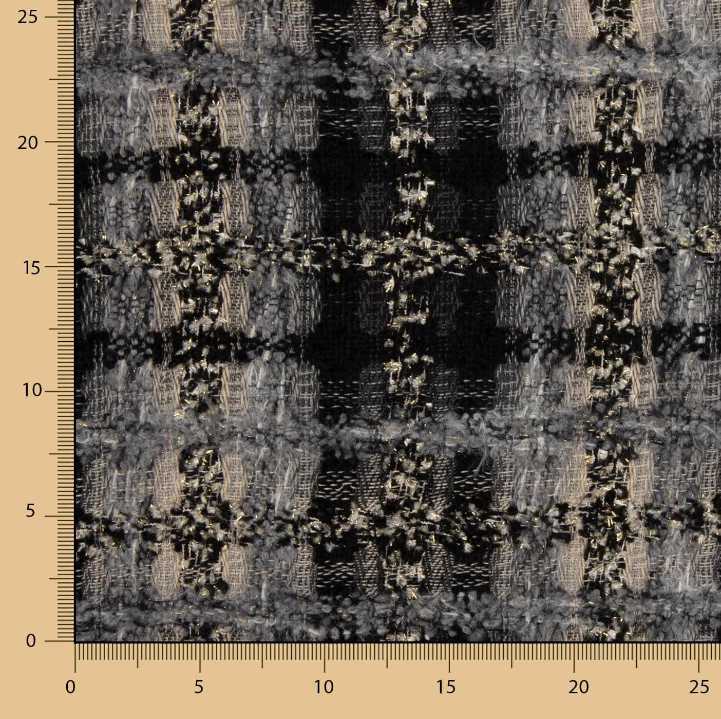 Tweed de lã em mosaico cinzento e preto com Lurex dourado - Ribes y Casals