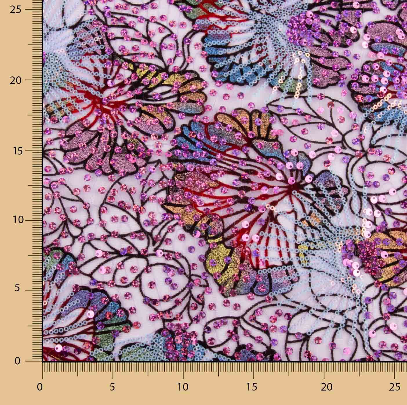 Tule flocado bordado com lantejoulas «Jardim Roxo» - Ribes y Casals