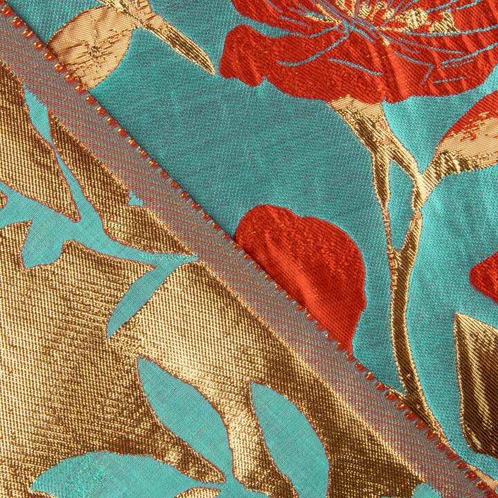 Brocado Fantasia Magnólia Turquesa, Vermelho e Dourado - Ribes y Casals