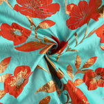 Brocado Fantasia Magnólia Turquesa, Vermelho e Dourado - Ribes y Casals