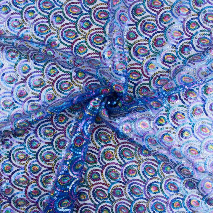 Tule azul fantasia elástico com lantejoulas prismáticas - Ribes y Casals