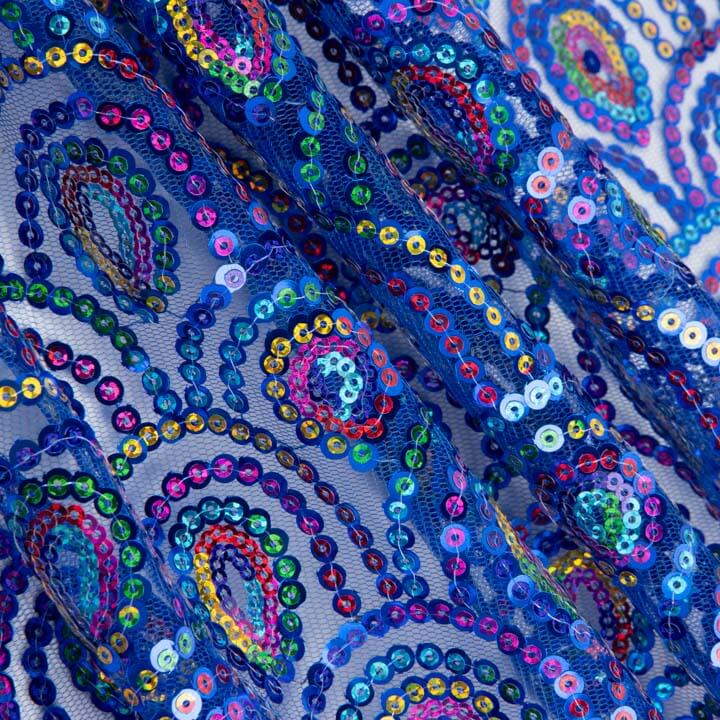 Tule azul fantasia elástico com lantejoulas prismáticas - Ribes y Casals