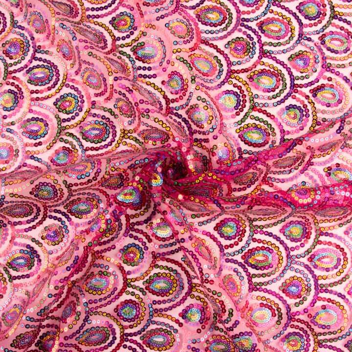 Tule Fúcsia Fantasia Elástico com Tecido de Lantejoulas Prisma - Ribes y Casals