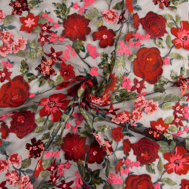 Tule Bordado com Flores e Tecido de Lantejoulas Carmen Vermelho e Preto - Ribes y Casals